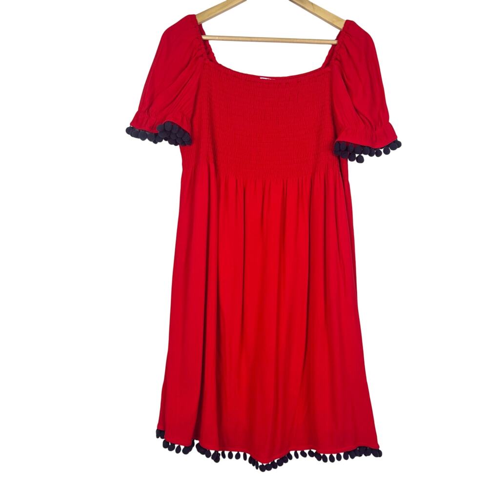Sts Sail To Sable Red Smocked Flutter Sleeve Pom … - image 1